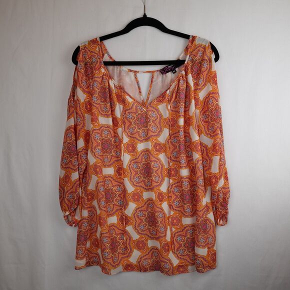 Peck & Peck Blouse Women's Medium Orange White Medallion Lined Fall Halloween - Picture 1 of 11